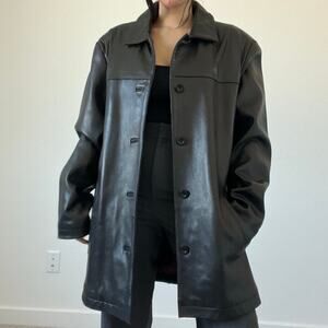 Apt. 9 Black Leather‎ Jacket M Oversized Button Front Longline Coat Minimalist